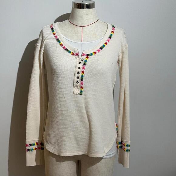 We The Free Tops - We The Free Rainbow Thermal Henley Shirt in Ivory Women's Size XS Free People